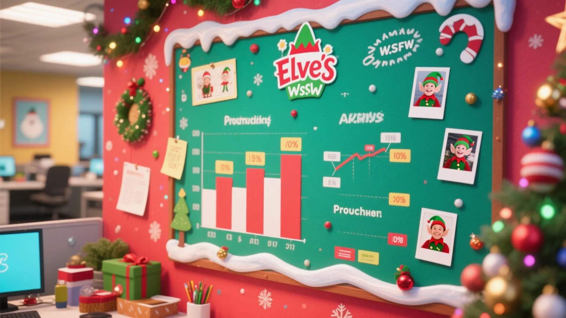 Holiday bulletin board with elf-themed decorations
