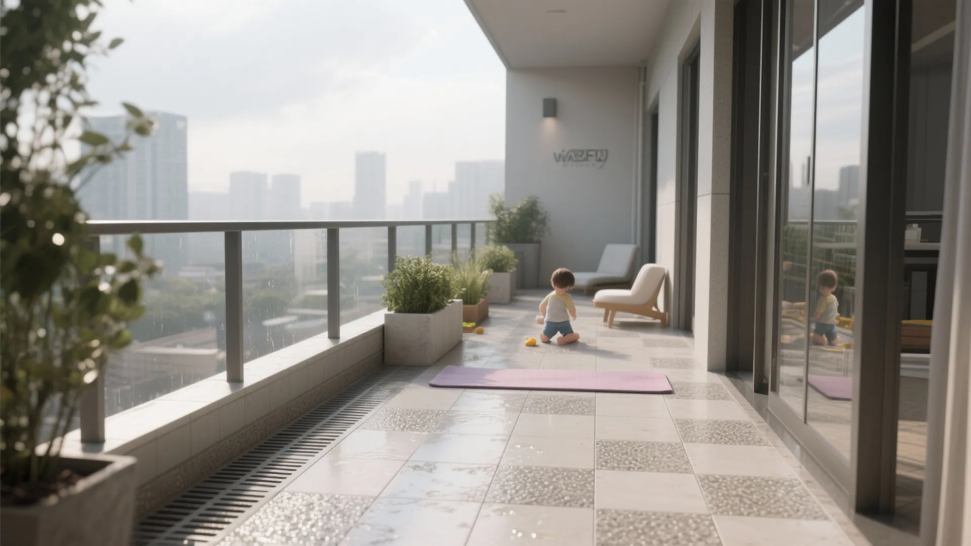 All-weather balcony with grit-infused porcelain tiles and neutral calming tones.