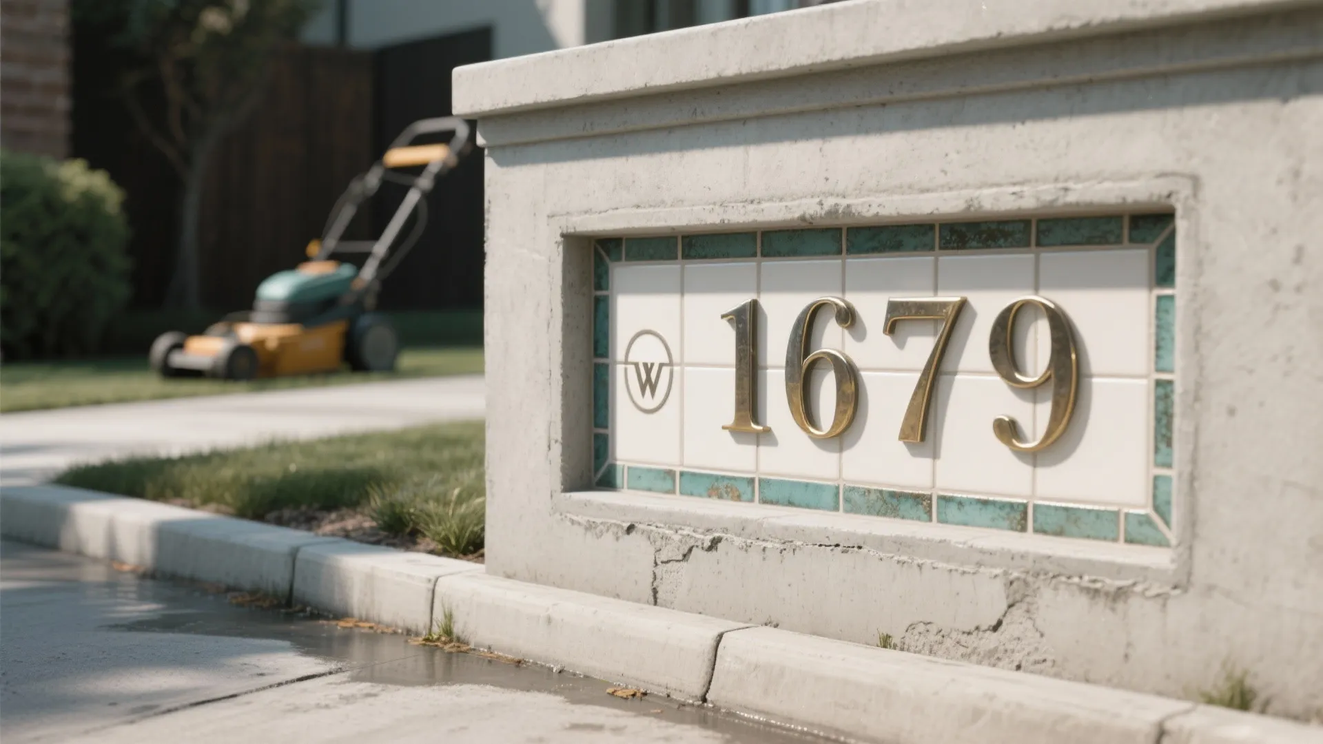 Concrete wall with gold house numbers on tiles and a yellow lawnmower in the background