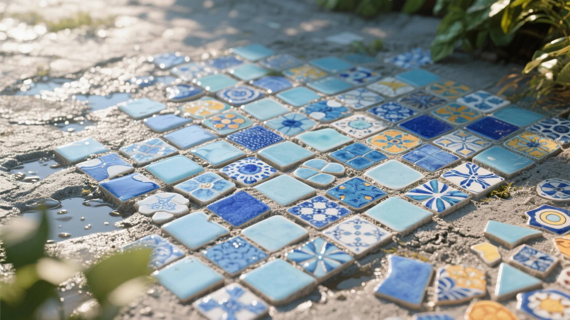 Blue and yellow patterned floor tiles laid on the ground in a mosaic style outdoors