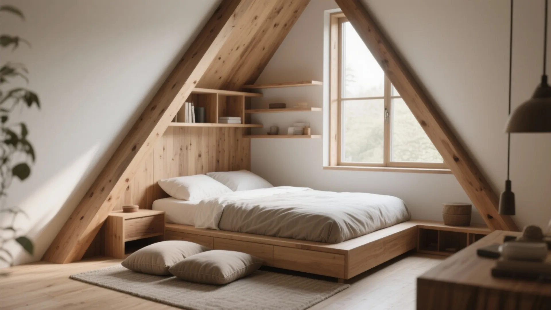 Low-profile bed under sloped ceiling with built-in shelves