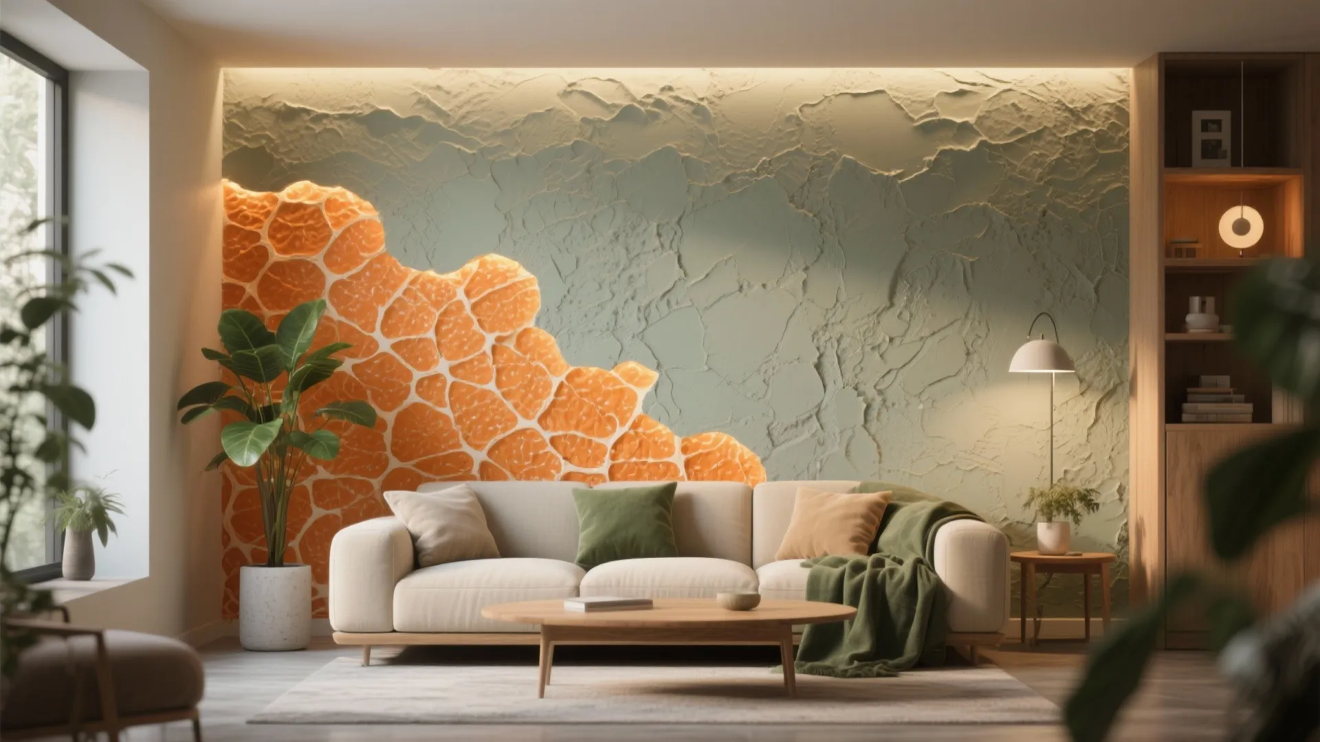 Modern living room featuring a cream sofa wooden table textured wall art and green indoor plants