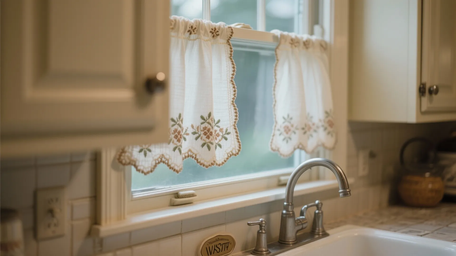 Short embroidered kitchen panels with matching hardware