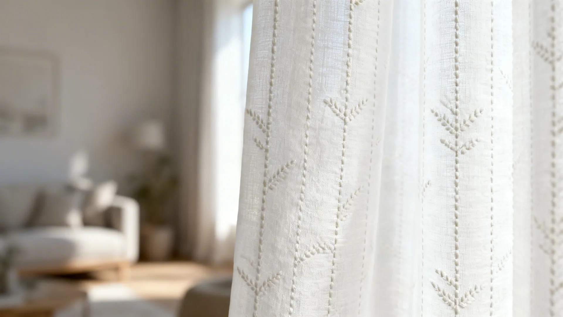 Close-up of white curtain with subtle tone-on-tone embroidery in Scandinavian room