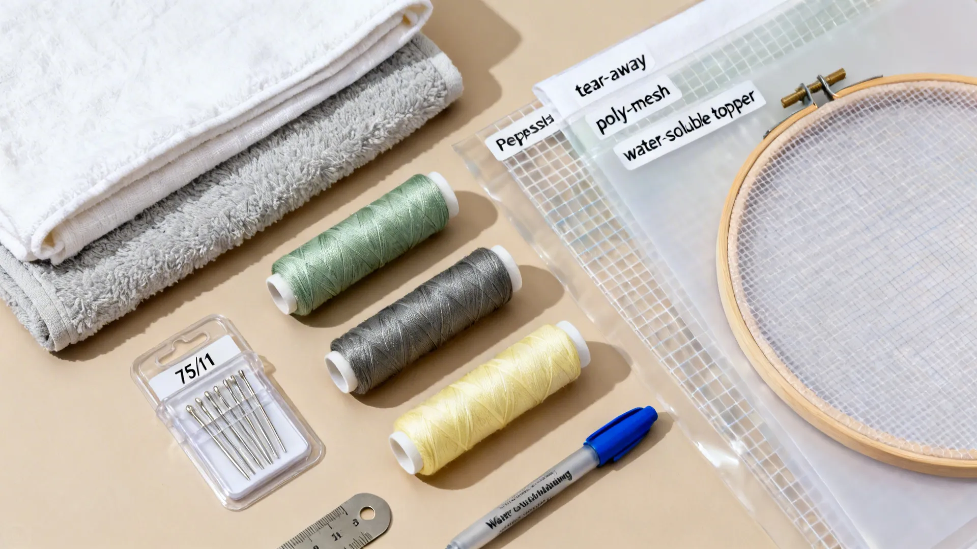 Embroidery supplies including colorful thread spools needles towels wood hoop and various fabric stabilizer sheets