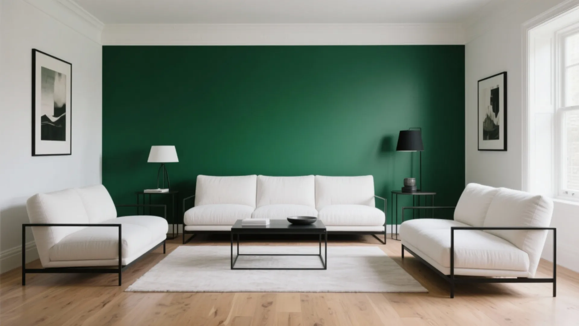 Bright living room featuring dark green accent wall with white sofas black tables and wooden floor