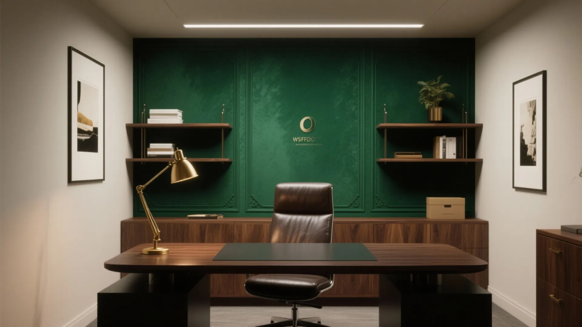 Modern home office with dark green wall panels wooden desk leather chair and gold desk lamp