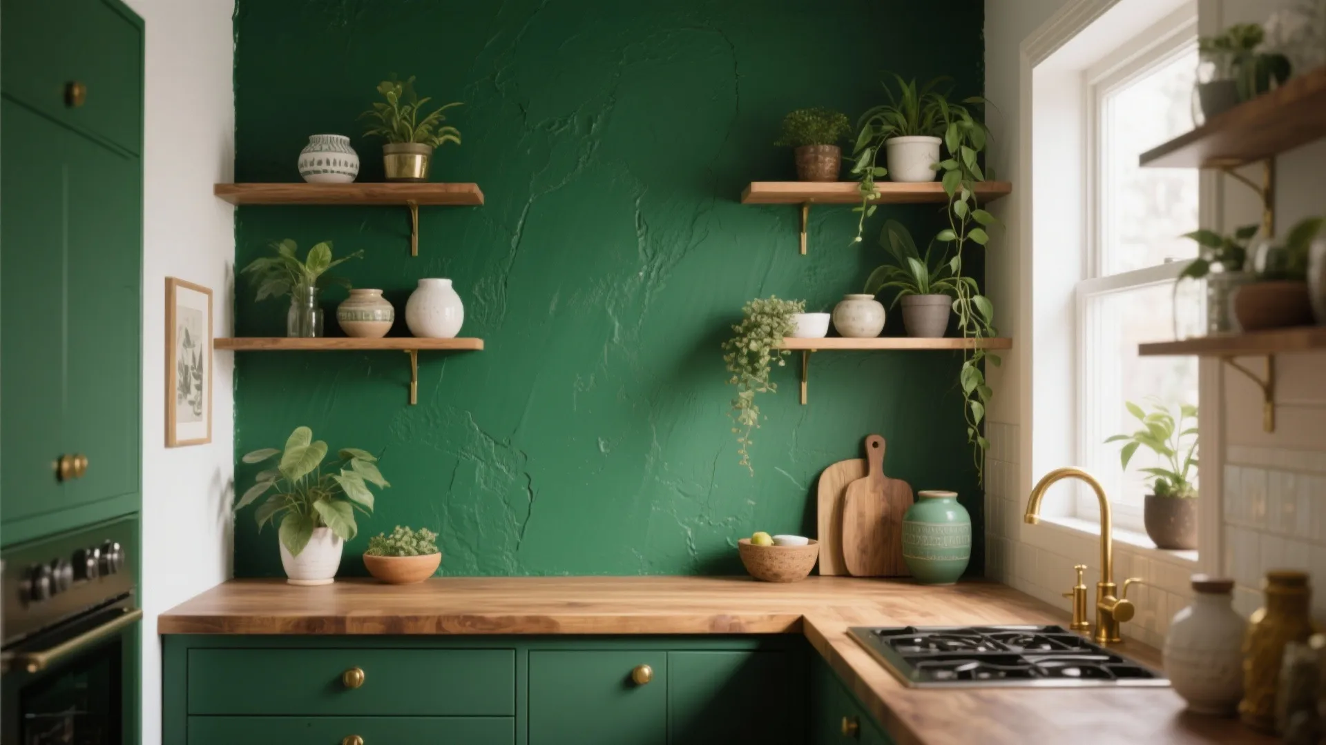 Modern kitchen with dark green cabinets wooden countertop gold faucet open shelves and many green plants