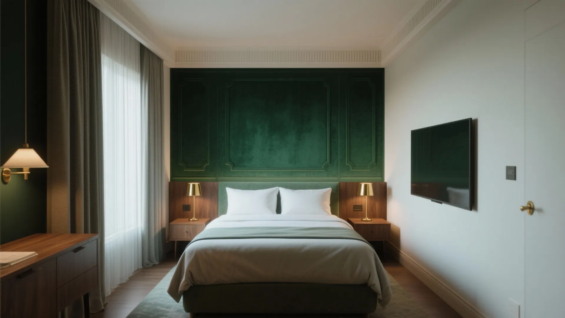 Narrow bedroom with a deep emerald accent wall behind the bed, warm wood and brass accents