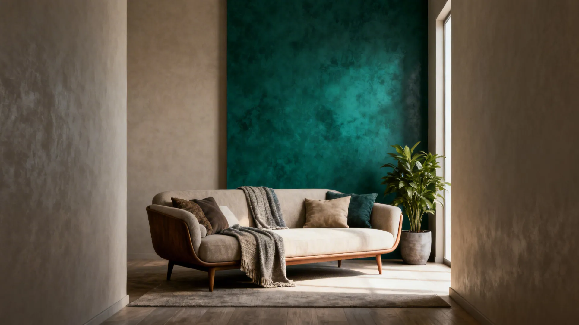 Narrow living room with three greige walls and an emerald accent wall behind the sofa