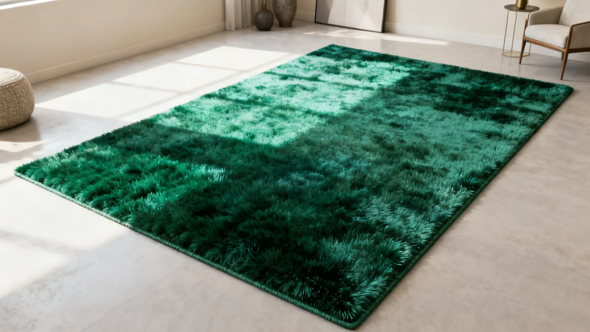 Minimal living room with a bold emerald rug as the focal point and neutral decor.