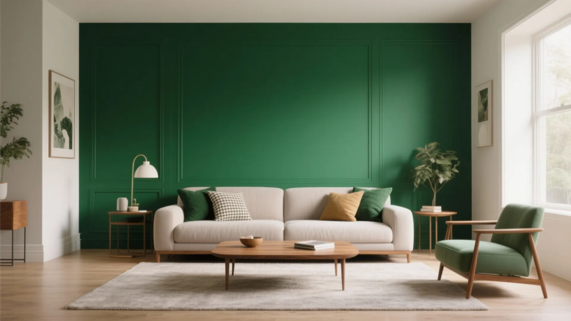 Modern living room featuring a green wall panel, beige sofa, wooden coffee table, and rug