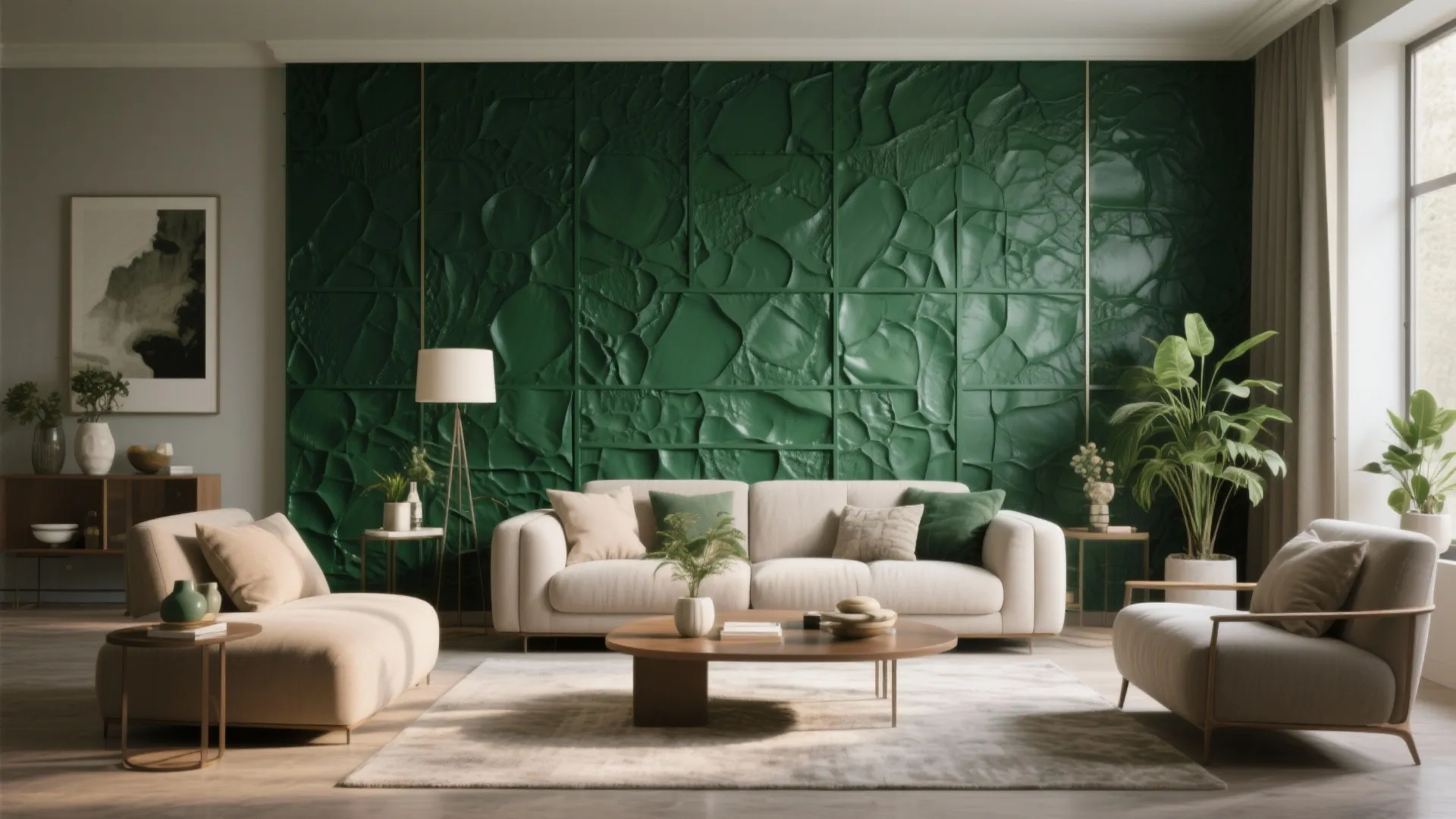 Modern living room with a dark green textured accent wall and beige sofa and floor lamp