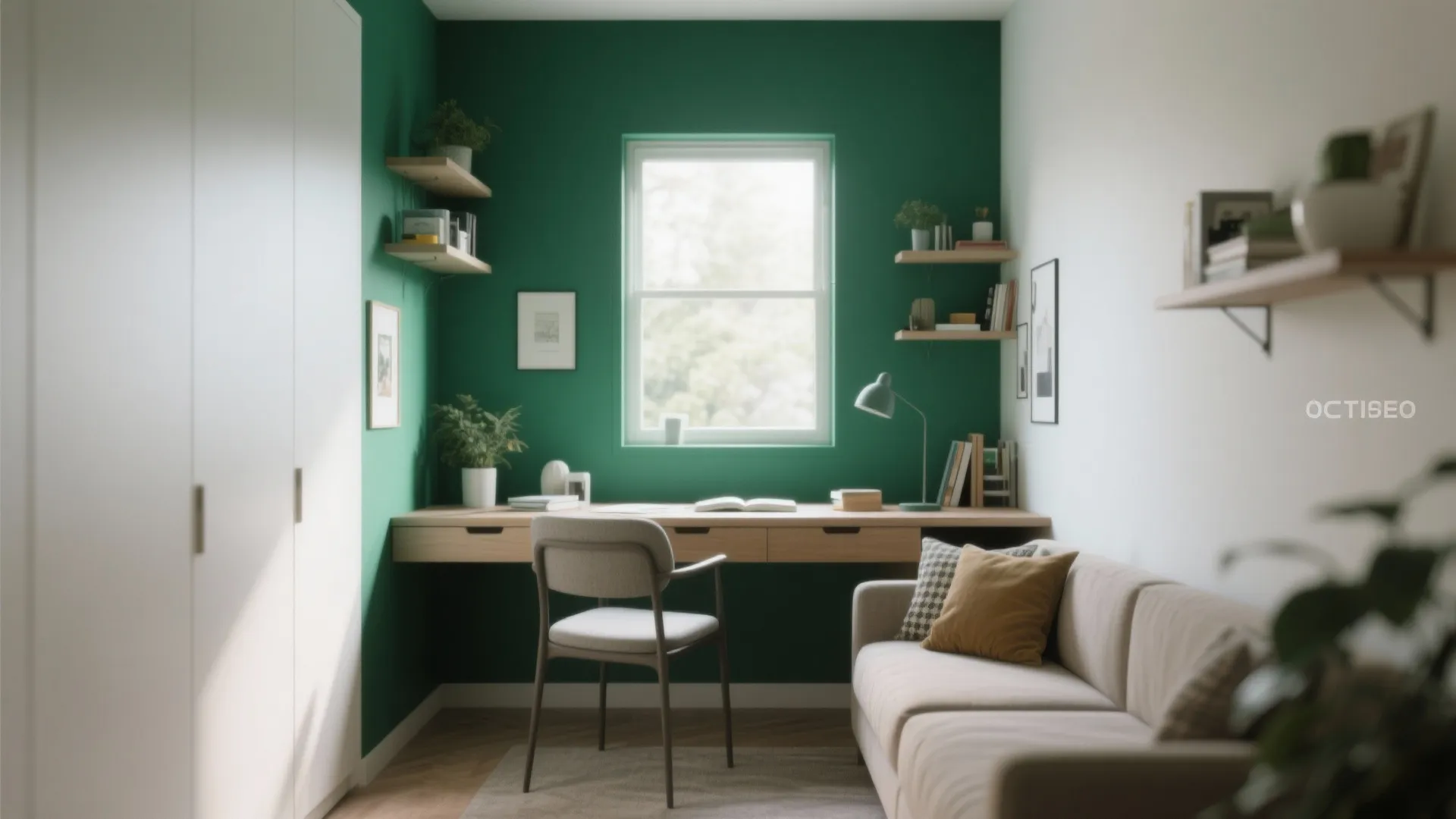 Home office with green accent wall wooden desk grey chair white wardrobe and natural window light