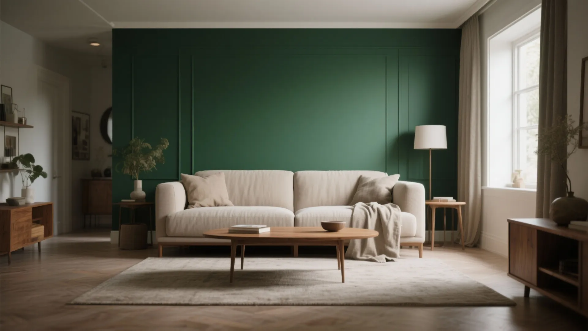 Living room with a single emerald green accent wall, warm wood furnishings, and neutral linens.