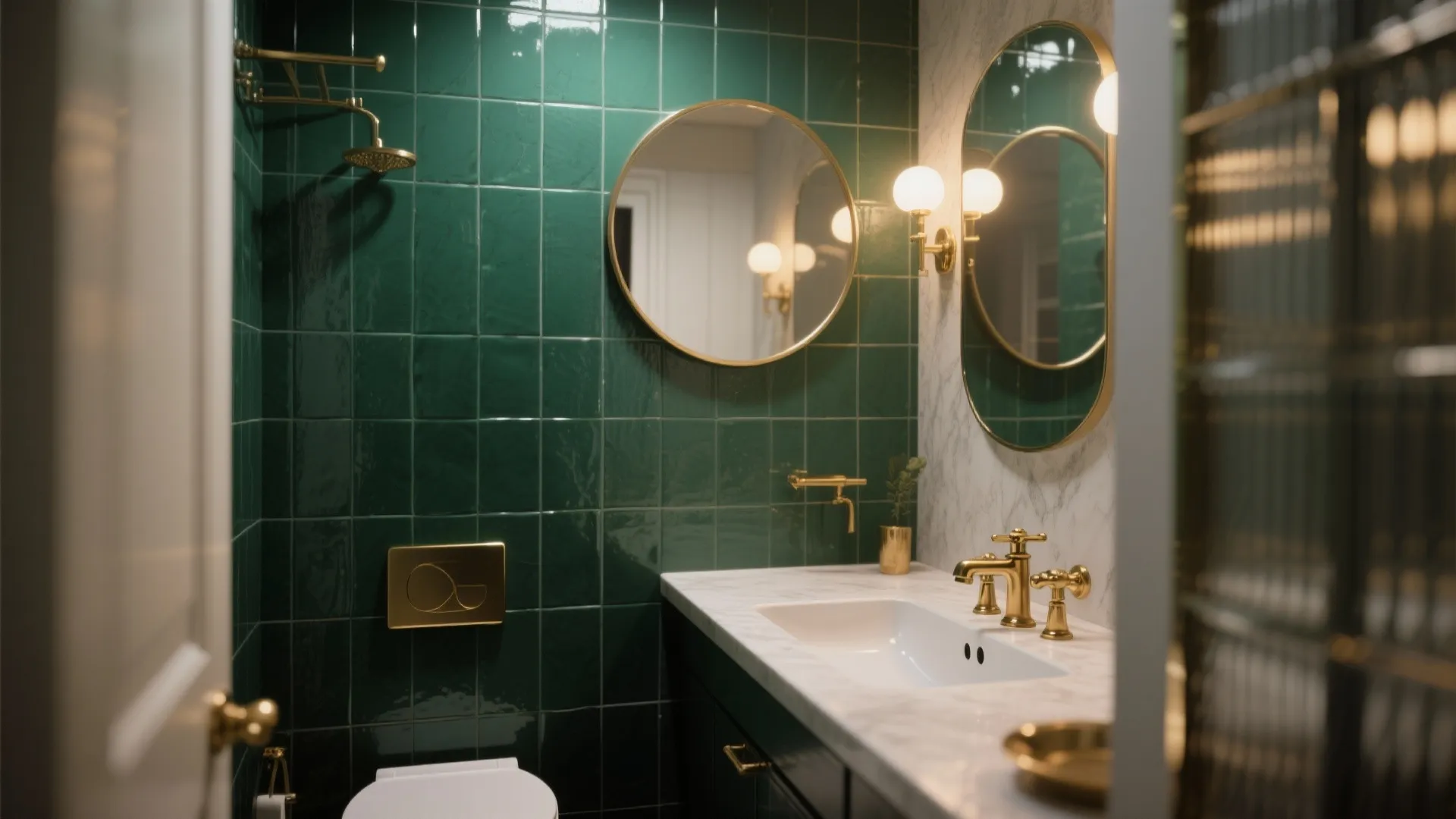 Small bathroom with a deep emerald accent wall, brass hardware, and a round mirror