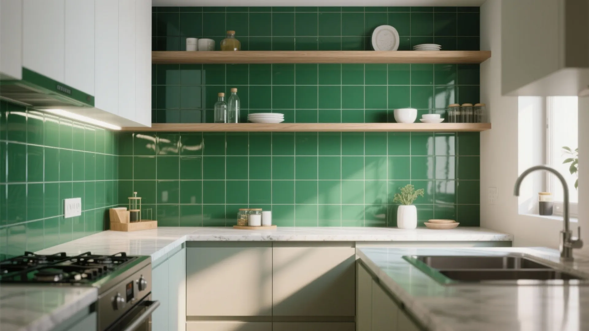 Small kitchen with an emerald tile accent wall and open shelving