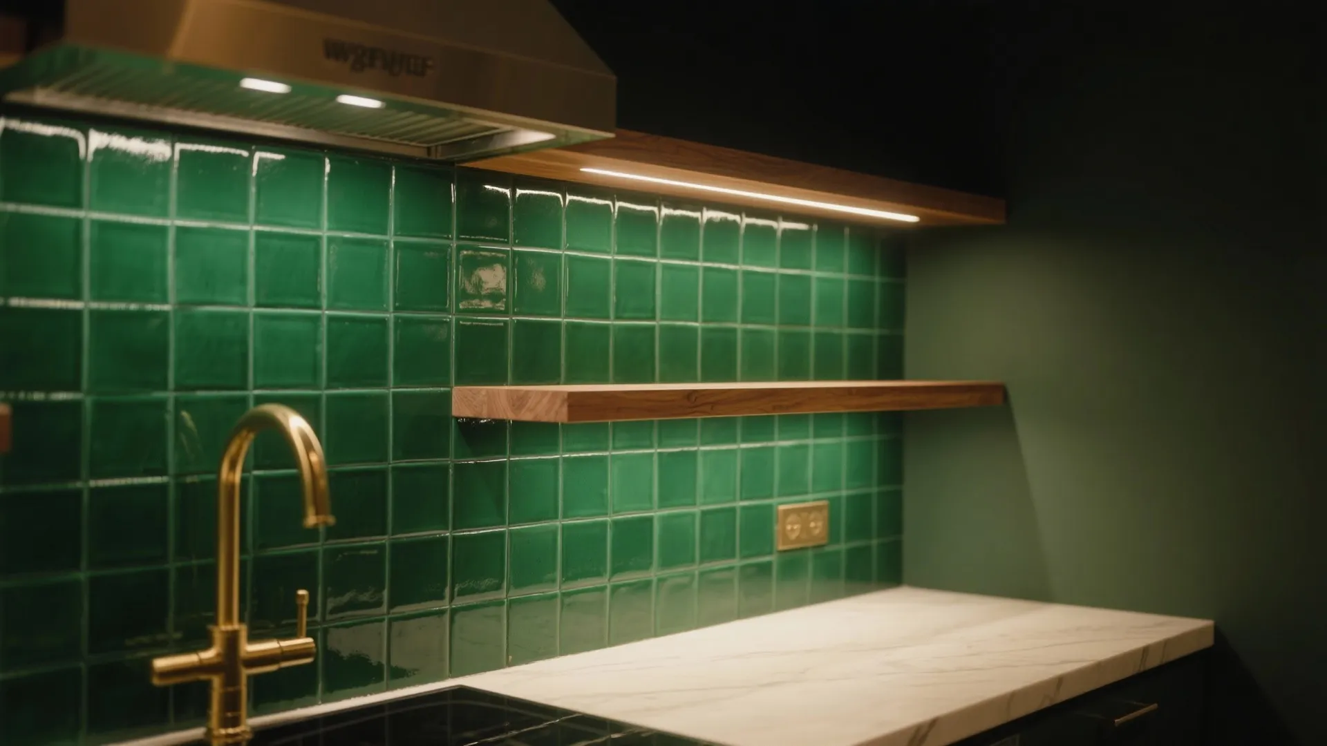 Modern kitchen with green tile wall, wooden shelves, white marble countertop, and gold water tap