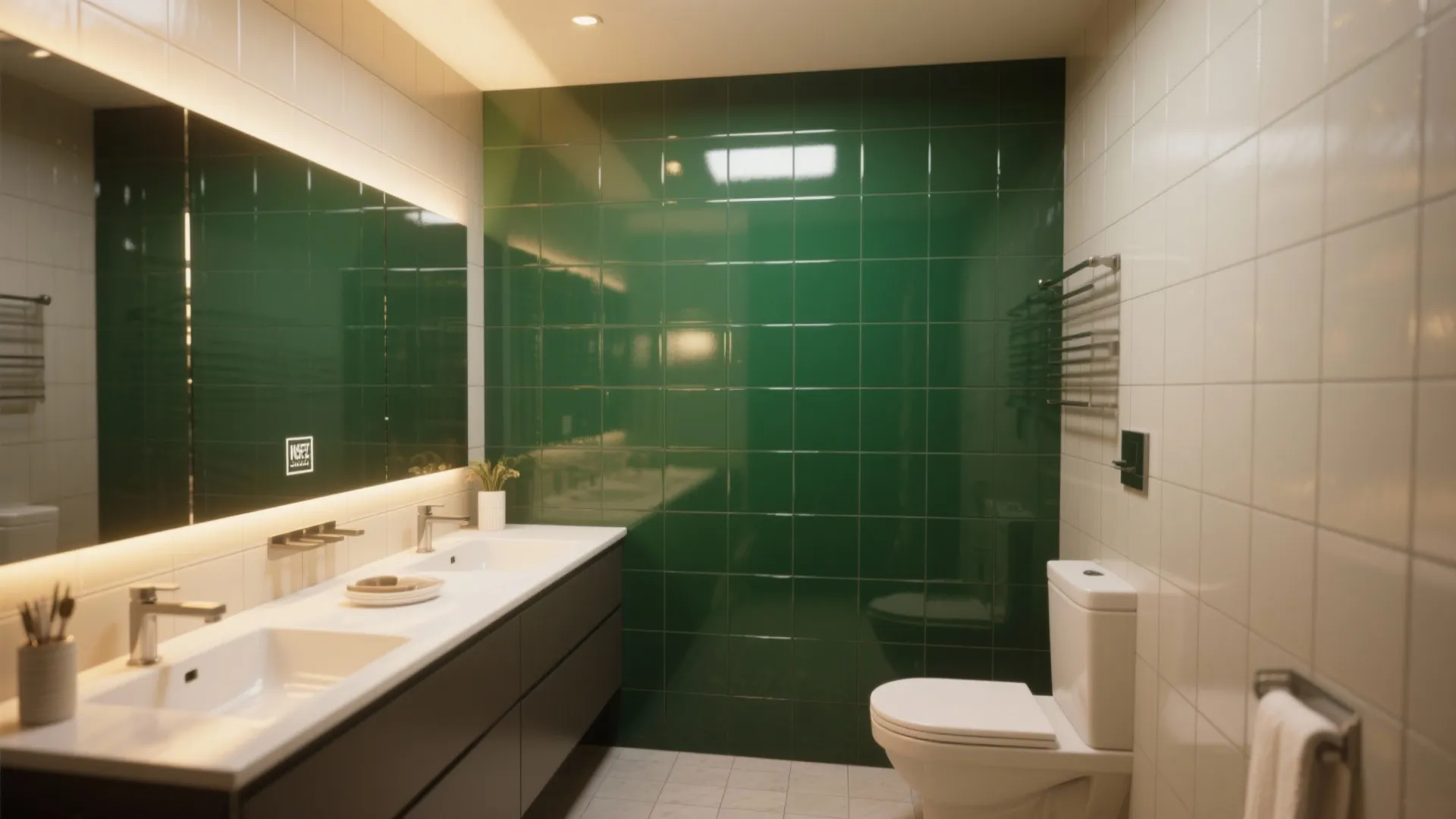 Studio bathroom with a glossy emerald accent tile wall framing the vanity and mirror