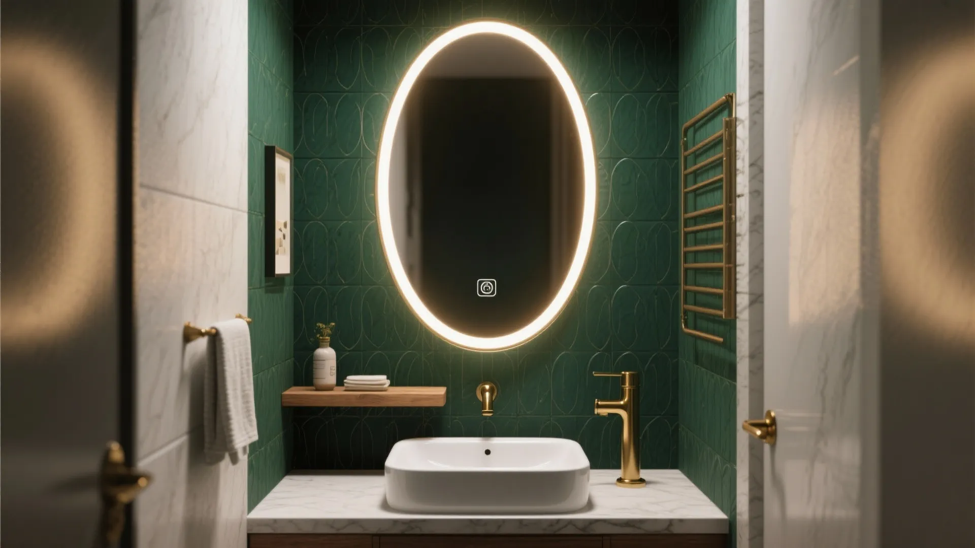 Elegant bathroom with emerald green textured tiles oval glowing mirror gold faucet and white sink