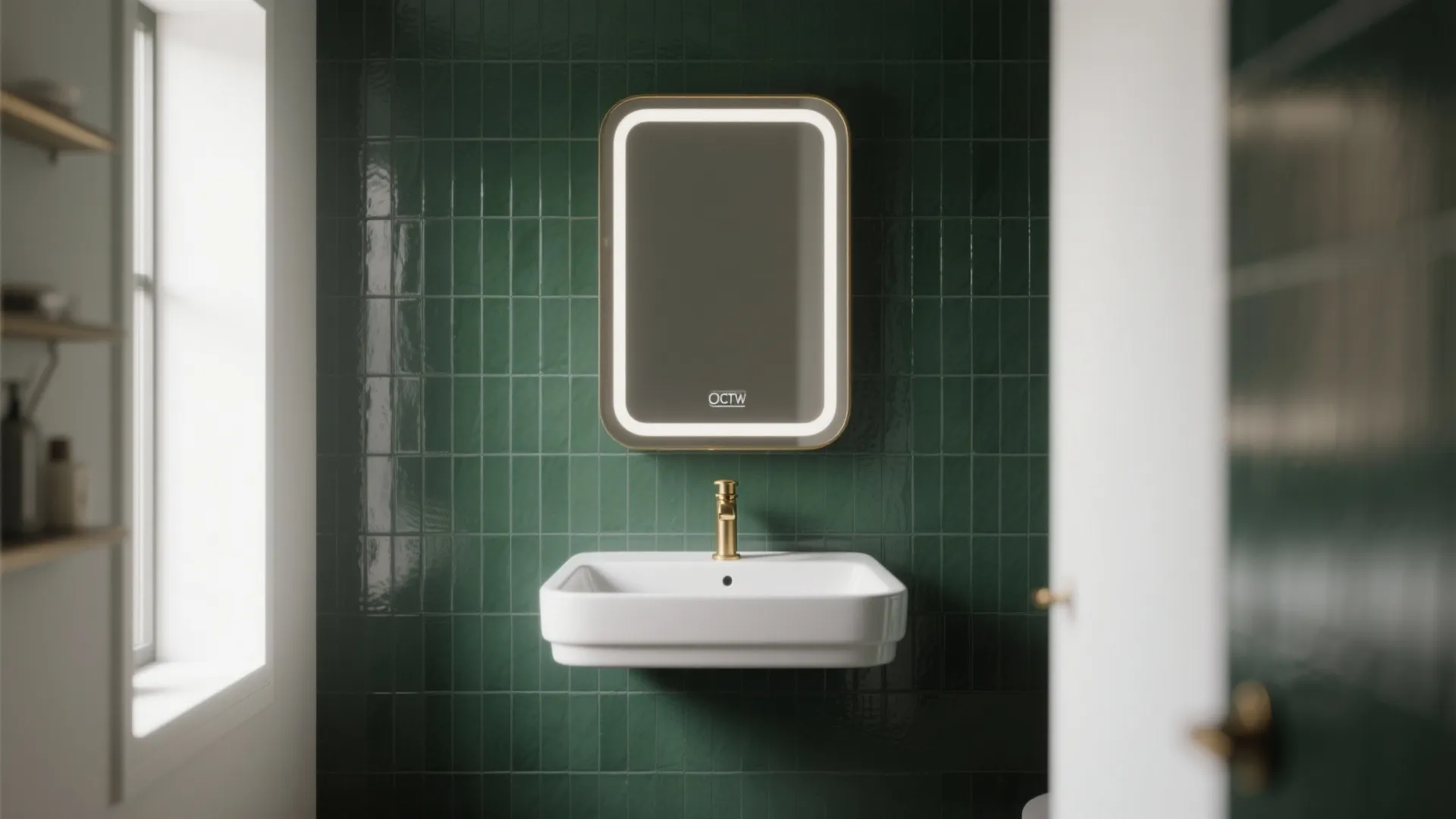 Modern bathroom with green wall tiles lighted mirror white sink and gold faucet with window