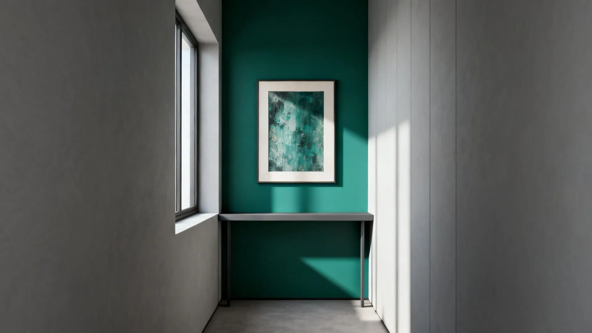 Narrow living room with a single emerald accent wall and soft grey surrounding walls, showing depth