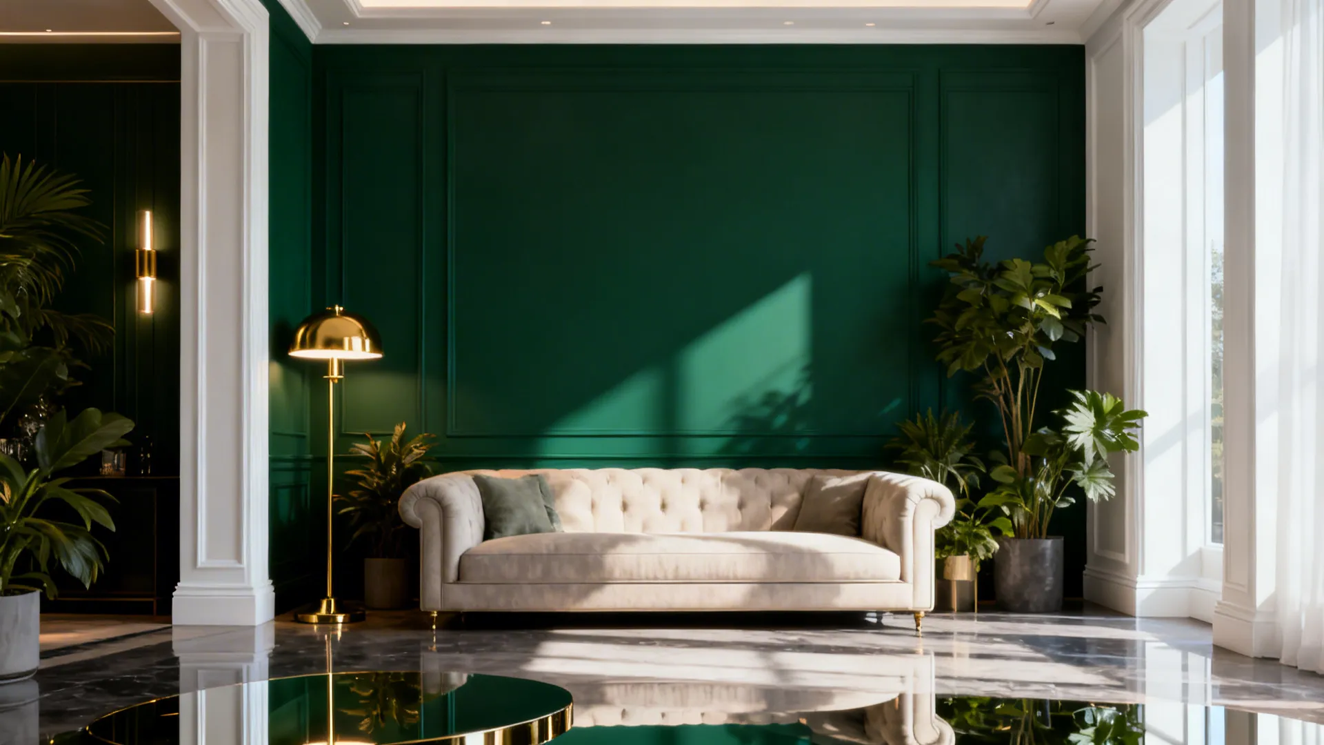 Living room with a deep emerald green accent wall, light sofa, and layered lighting
