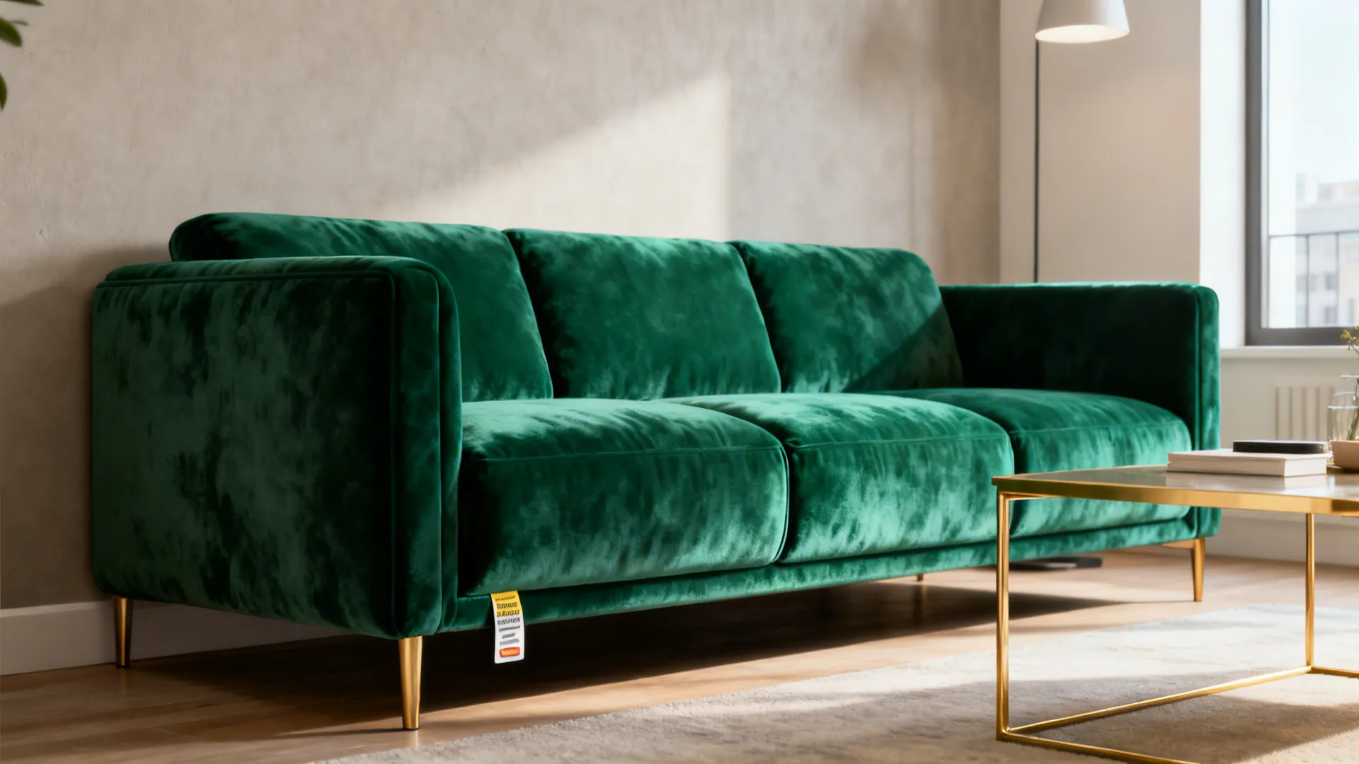 Emerald sofa as focal point against a neutral wall with a gold-legged table