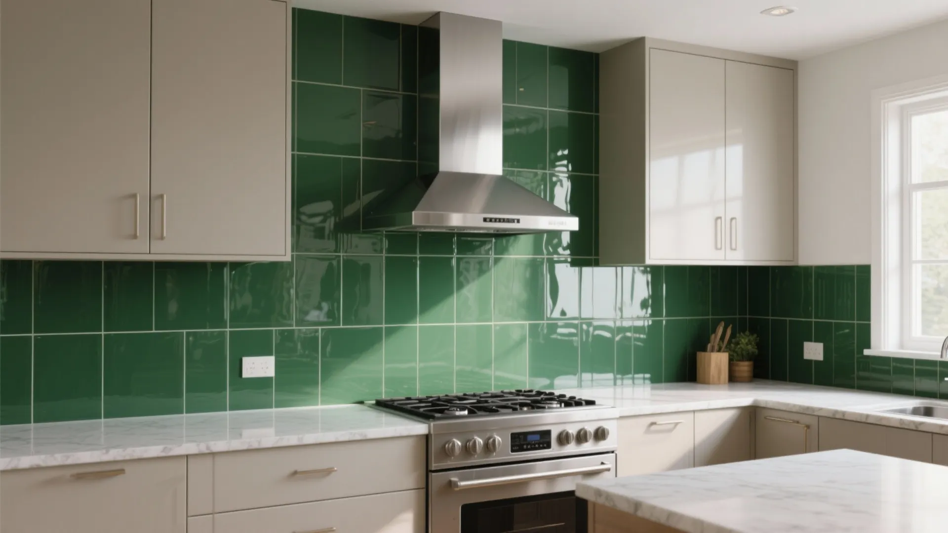 Modern kitchen featuring green wall tiles, white marble countertop, beige cabinets, and stainless steel stove oven