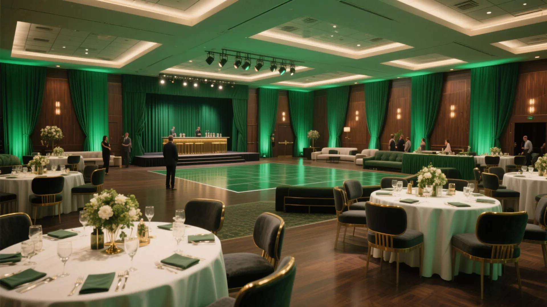 Large banquet hall with round dining tables green curtains green dance floor and wood walls