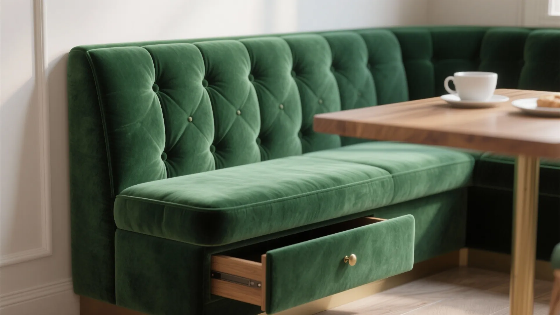 2. Emerald Banquette for Cozy Breakfast Nooks