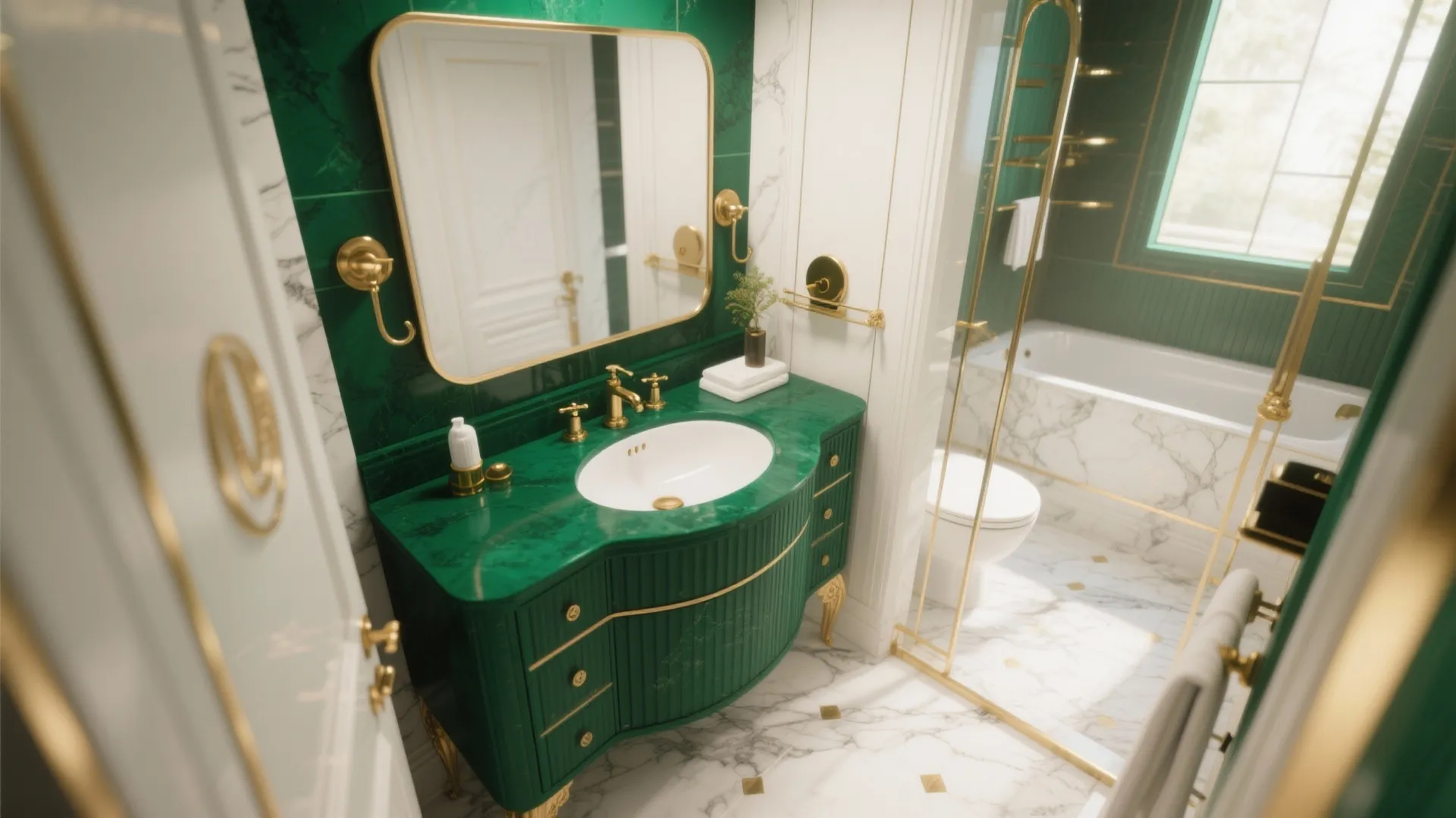 Deep emerald green vanity in a luxe small bathroom