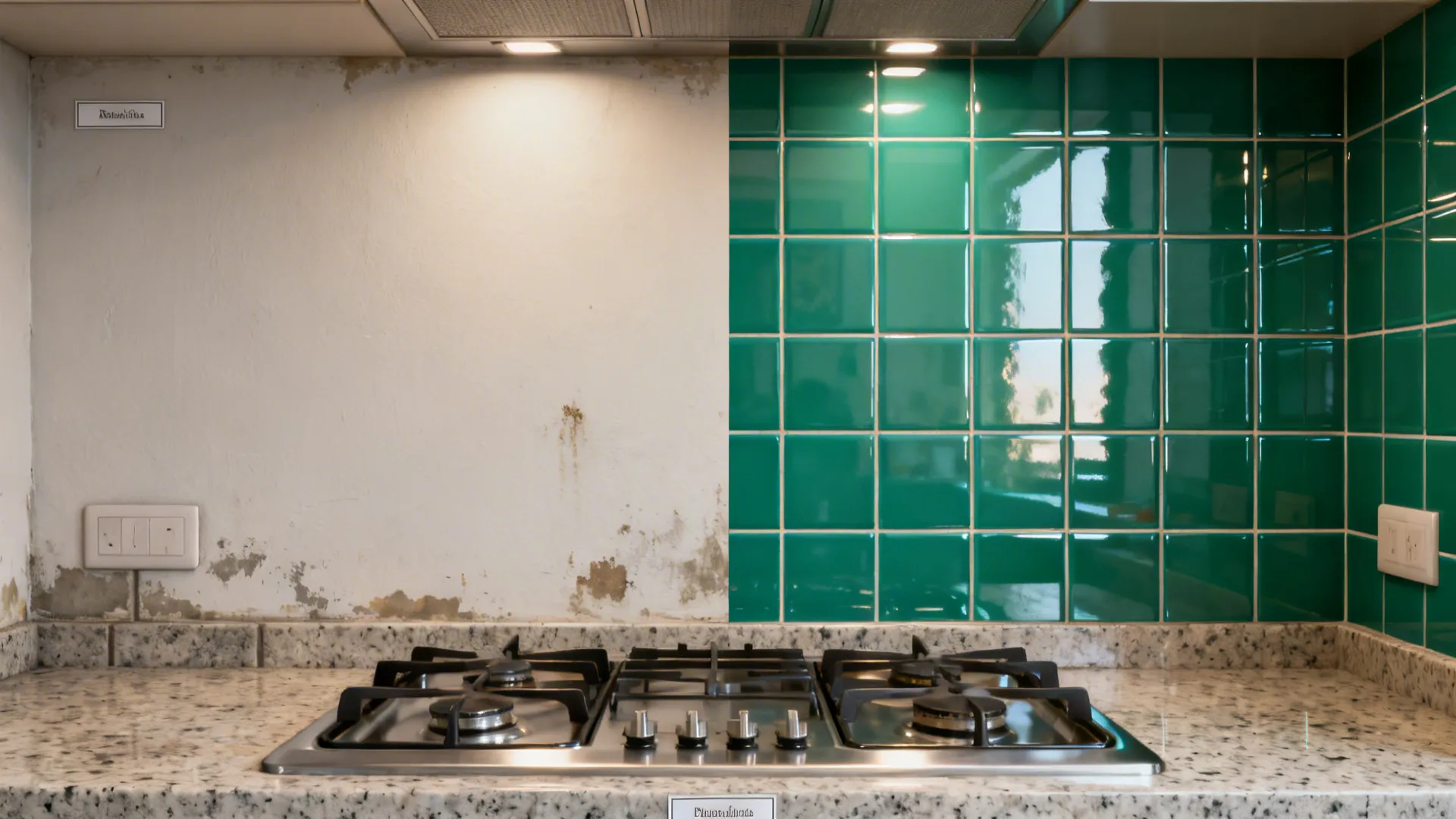Before-and-after of an Indian kitchen wall upgraded to emerald tiles with epoxy grout.