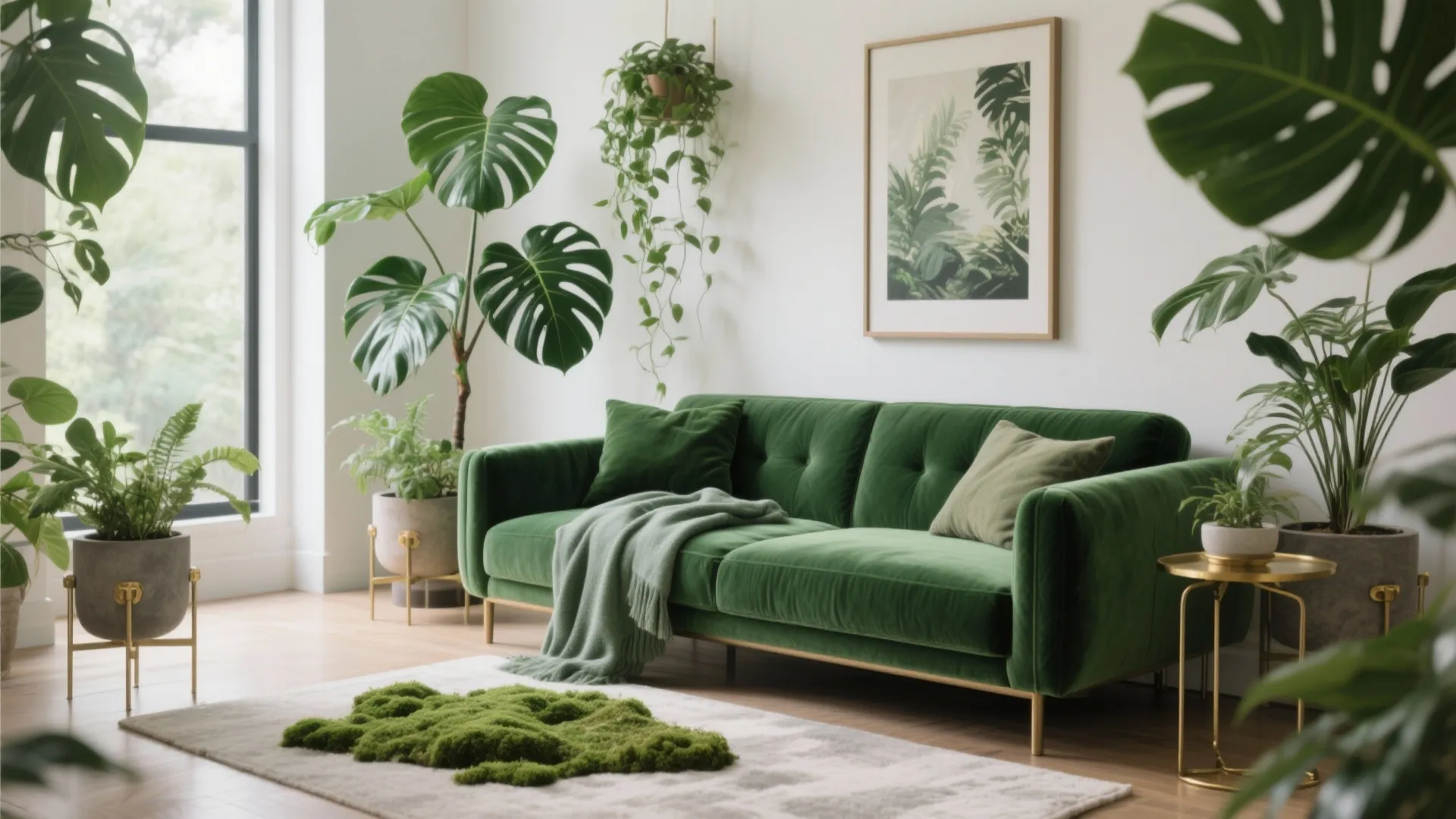 Modern green sofa in bright room filled with many green plants and white wall art