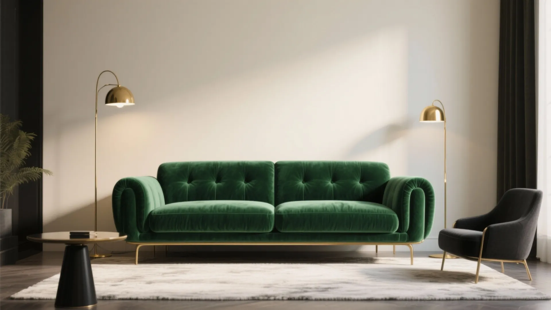 Emerald green velvet sofa with gold legs two floor lamps black chair and white rug