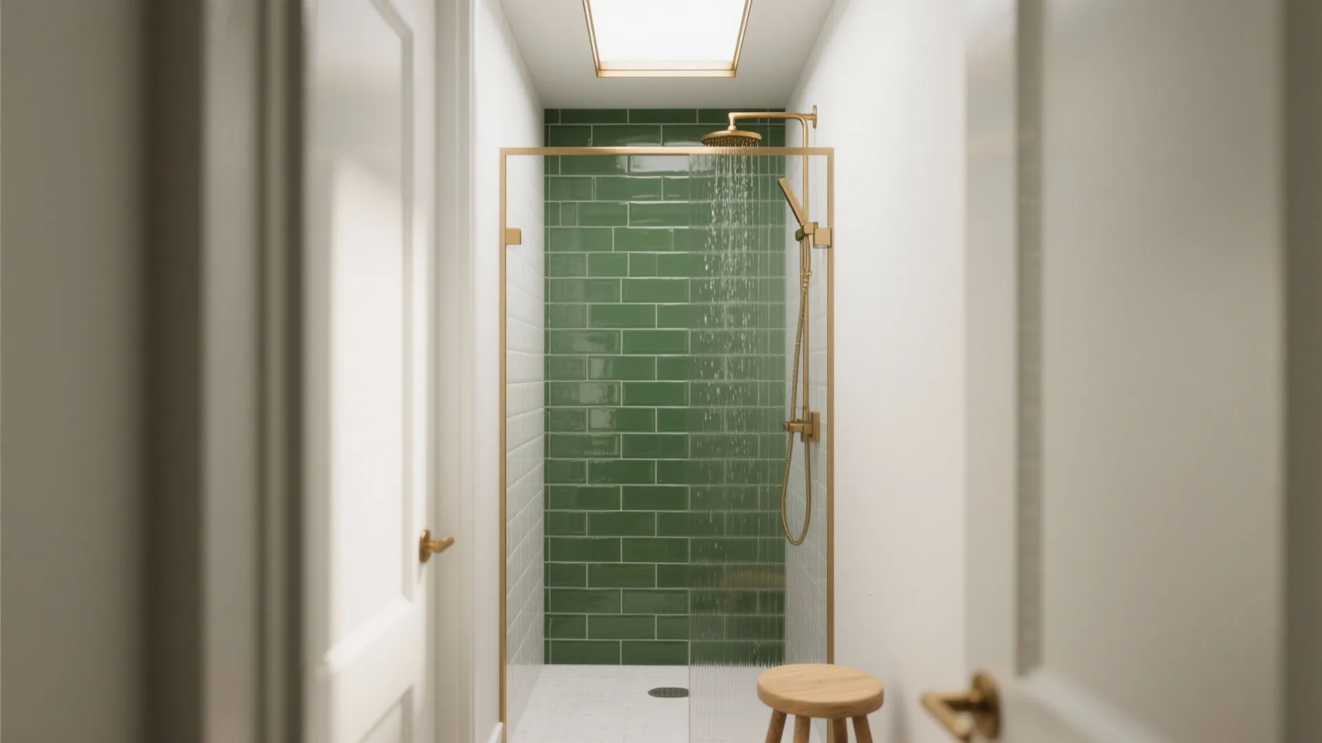 Emerald subway tiles with brass accents