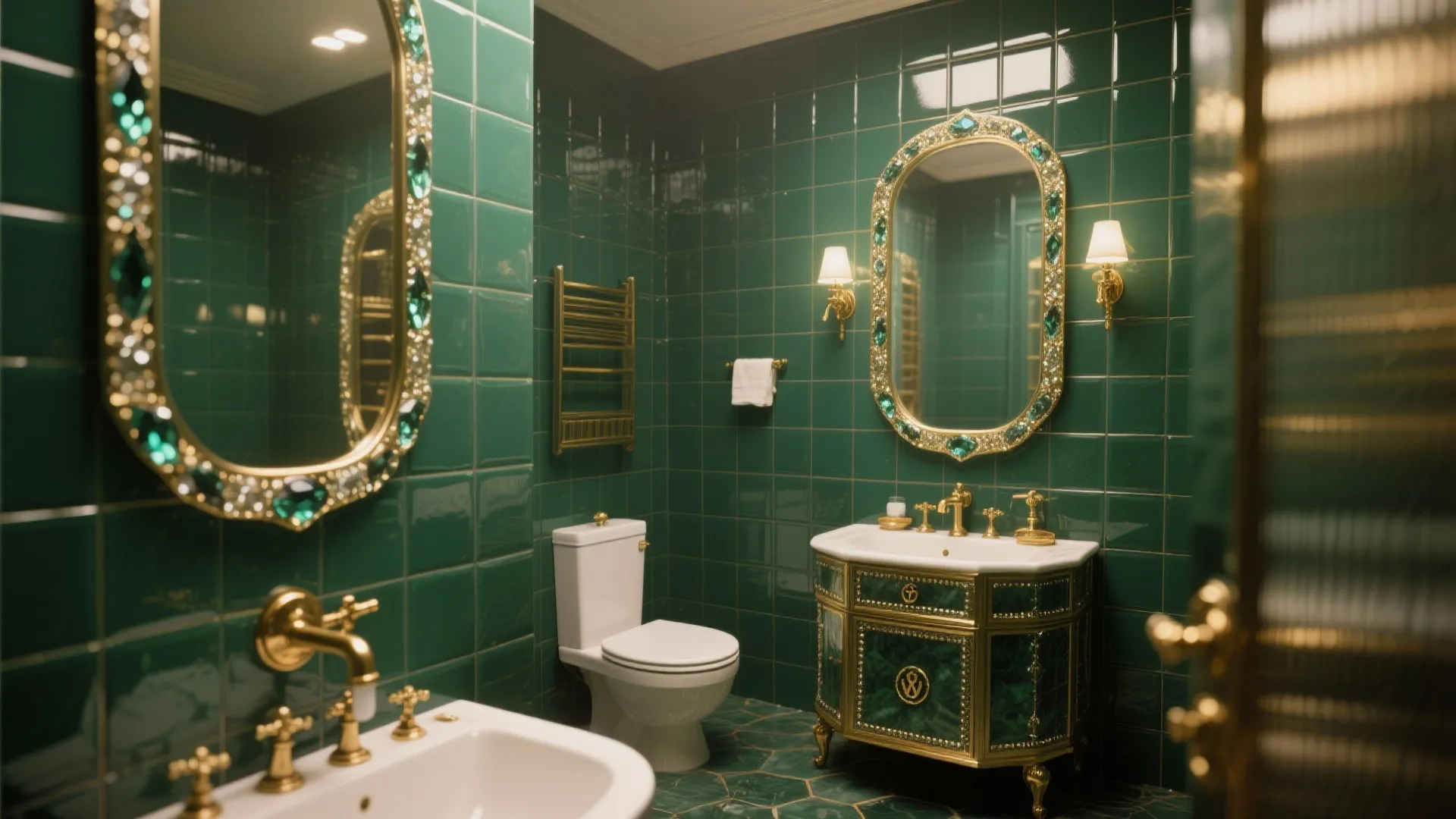 Luxury emerald green tiled bathroom with gold sink cabinet white toilet and jewel framed wall mirror