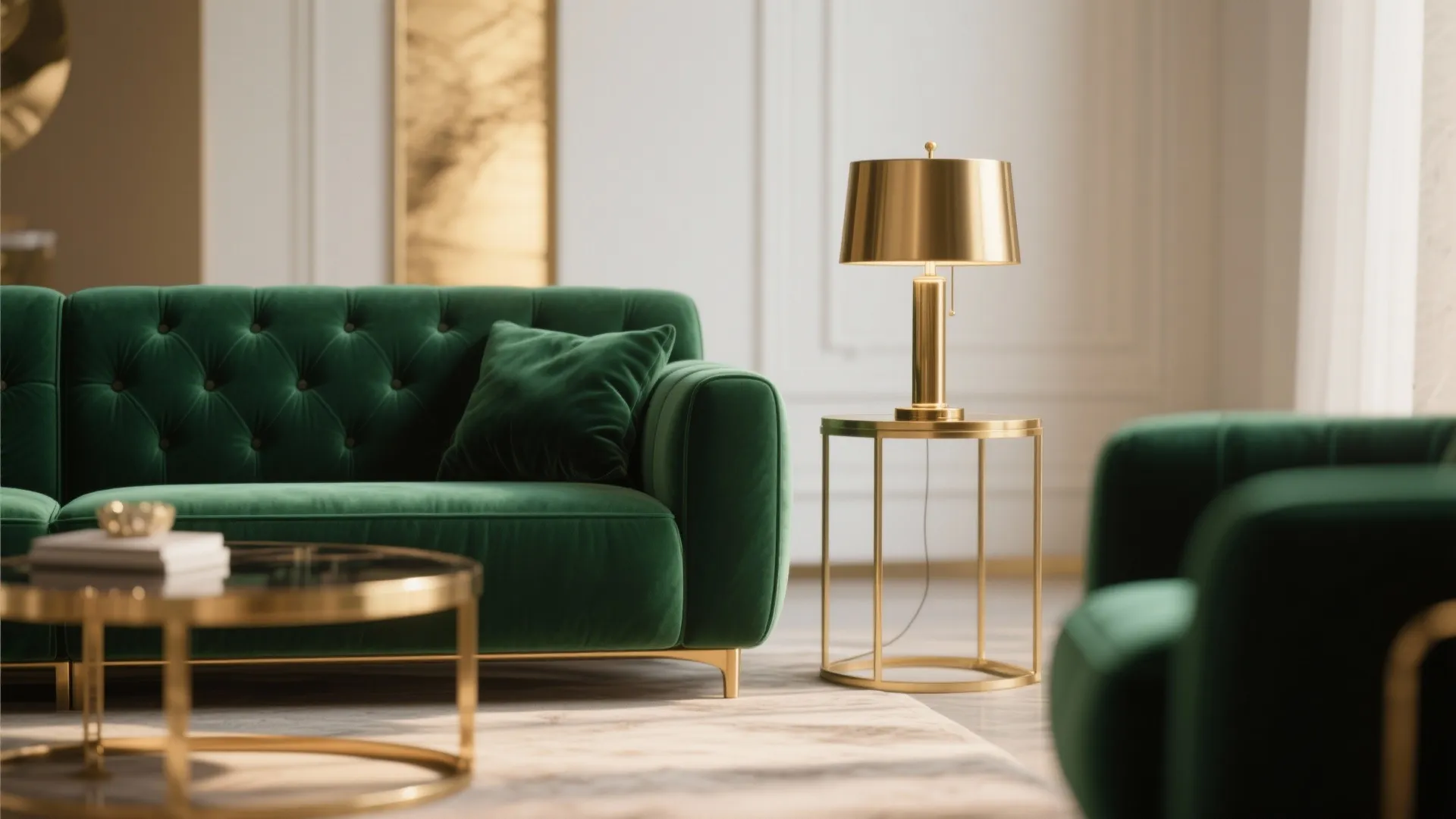 Close up of emerald green sofa next to golden side table and gold desk light fixture