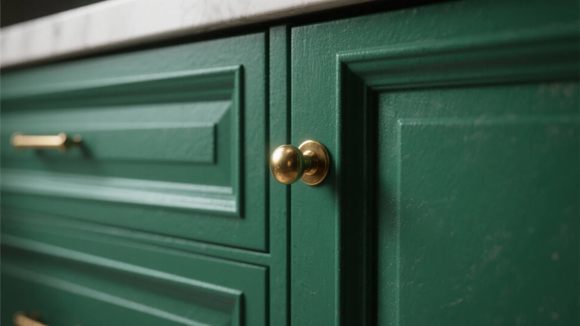 Close up of green kitchen cabinet doors with gold round handle and gold horizontal bar handle