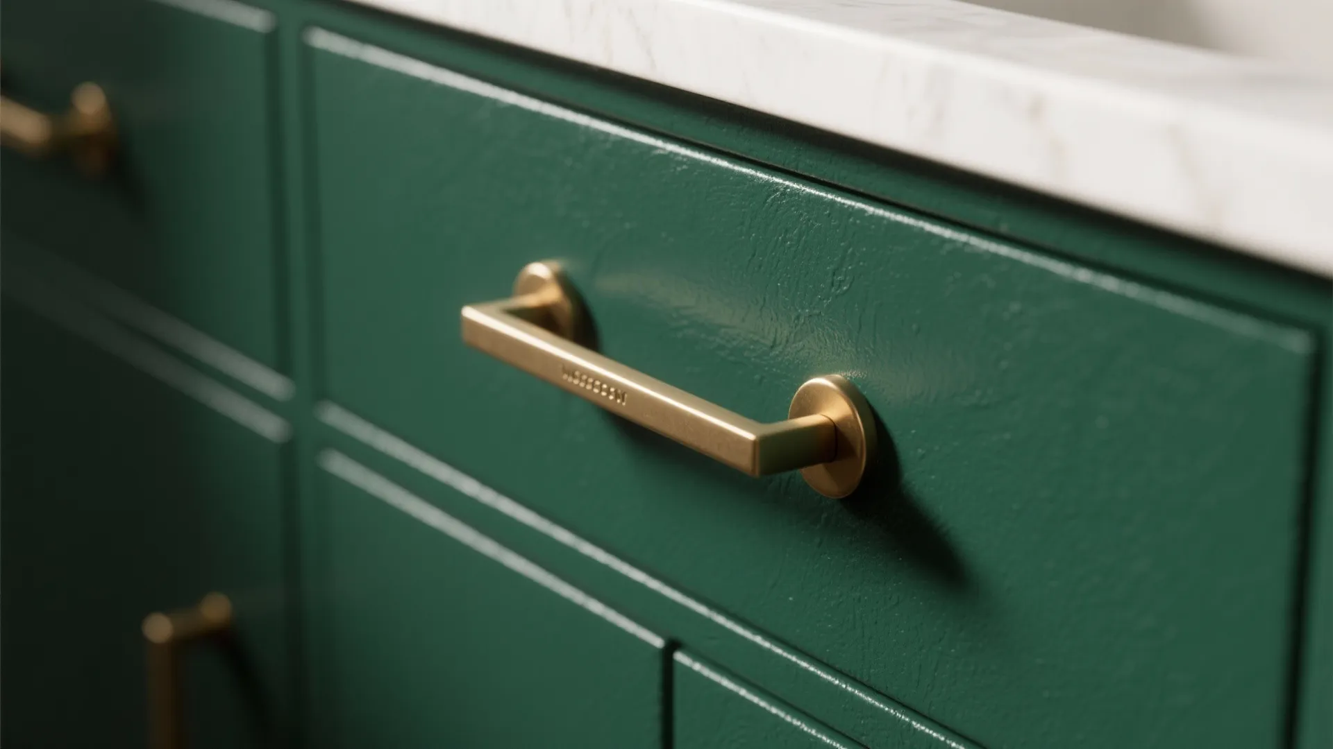 Close up of gold metal handle on dark green bathroom cabinet with white marble counter top