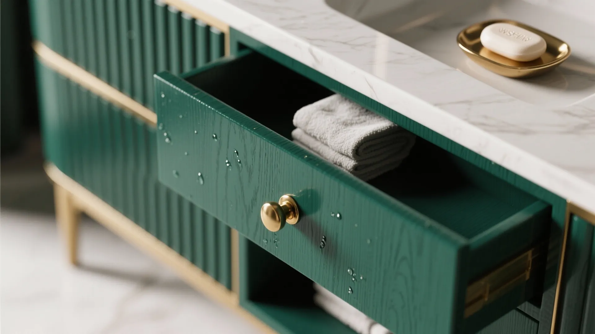 Close-up of a deep emerald vanity with brass hardware showing texture and subtle water spots
