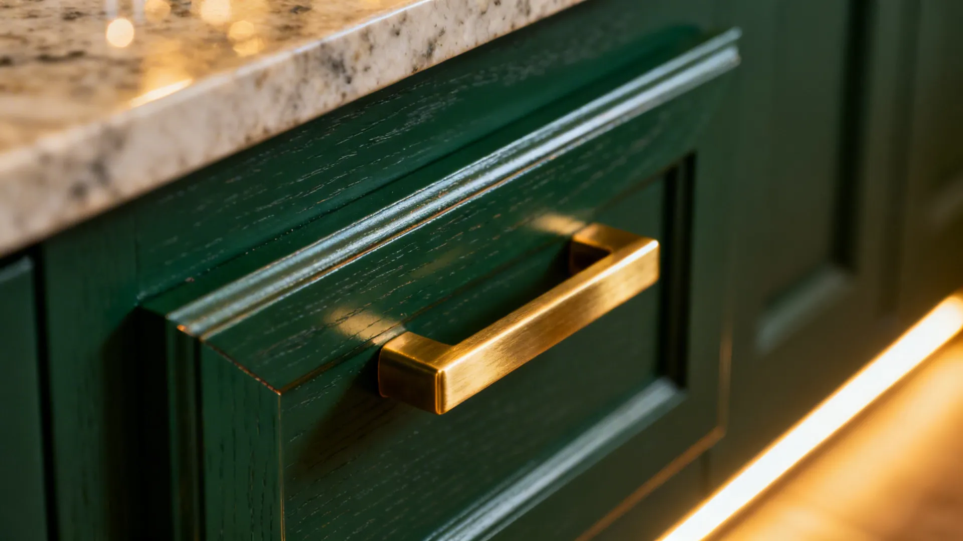 Close-up of emerald shaker cabinet with brushed brass pull under warm light.