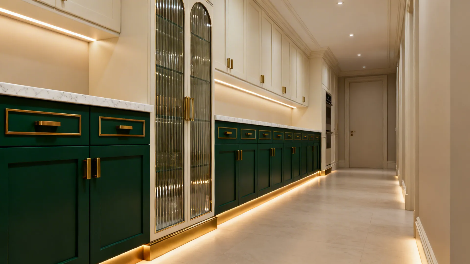Emerald green galley kitchen with brass hardware, quartz counters, and reeded glass pantry.