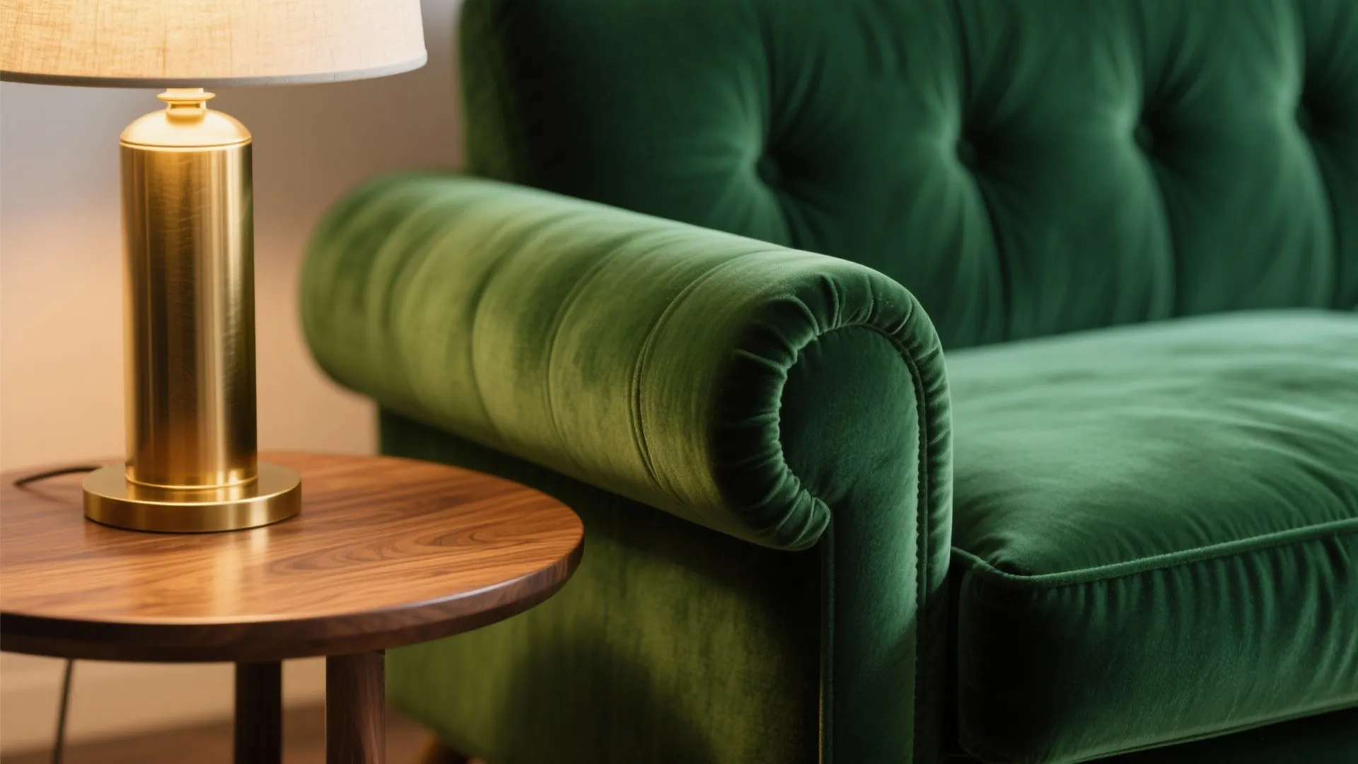 Close up of green velvet sofa arm next to gold table lamp on wooden side table