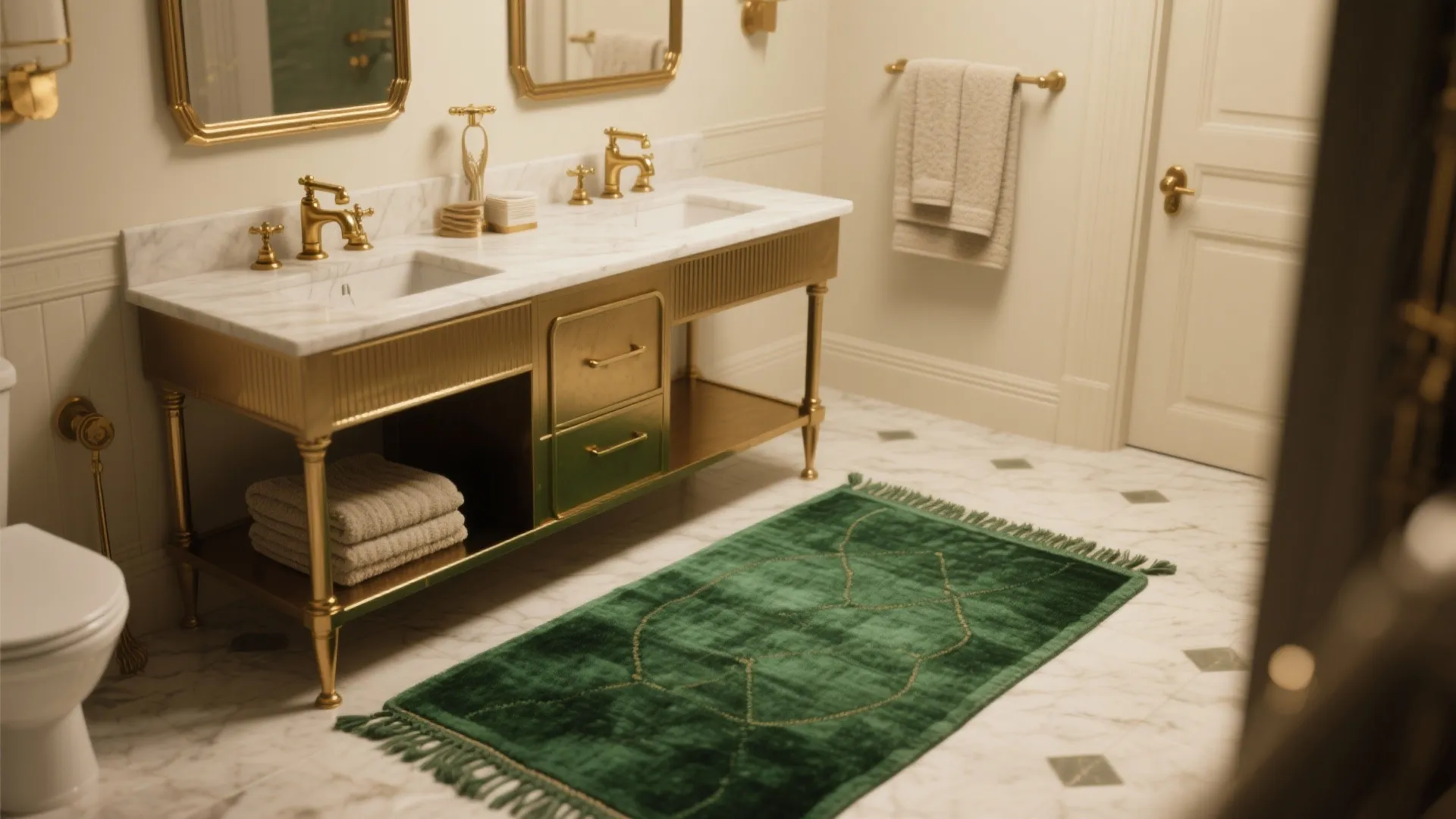 Luxury bathroom with gold double sink cabinet green rug marble floor white walls and mirror