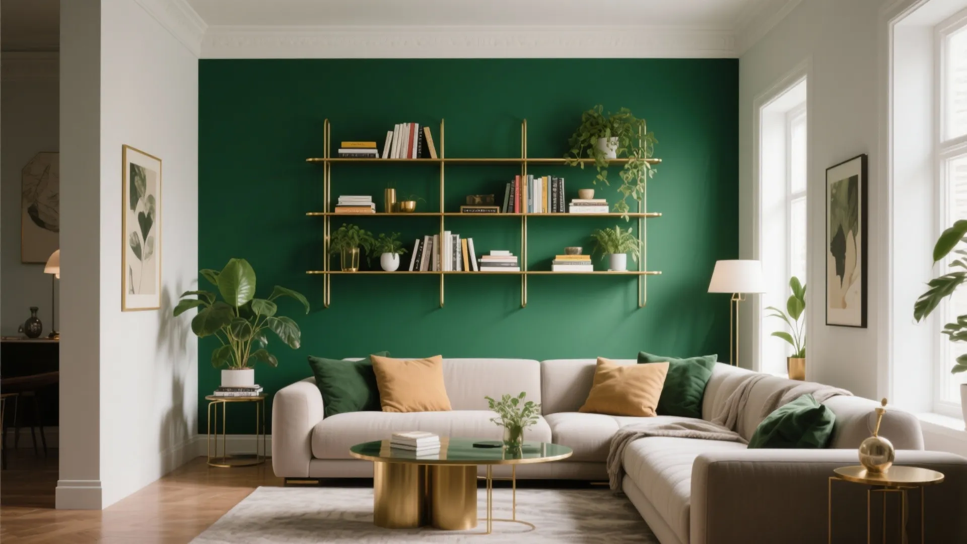 Modern living room with green wall gold shelves white sofa and brass coffee table design