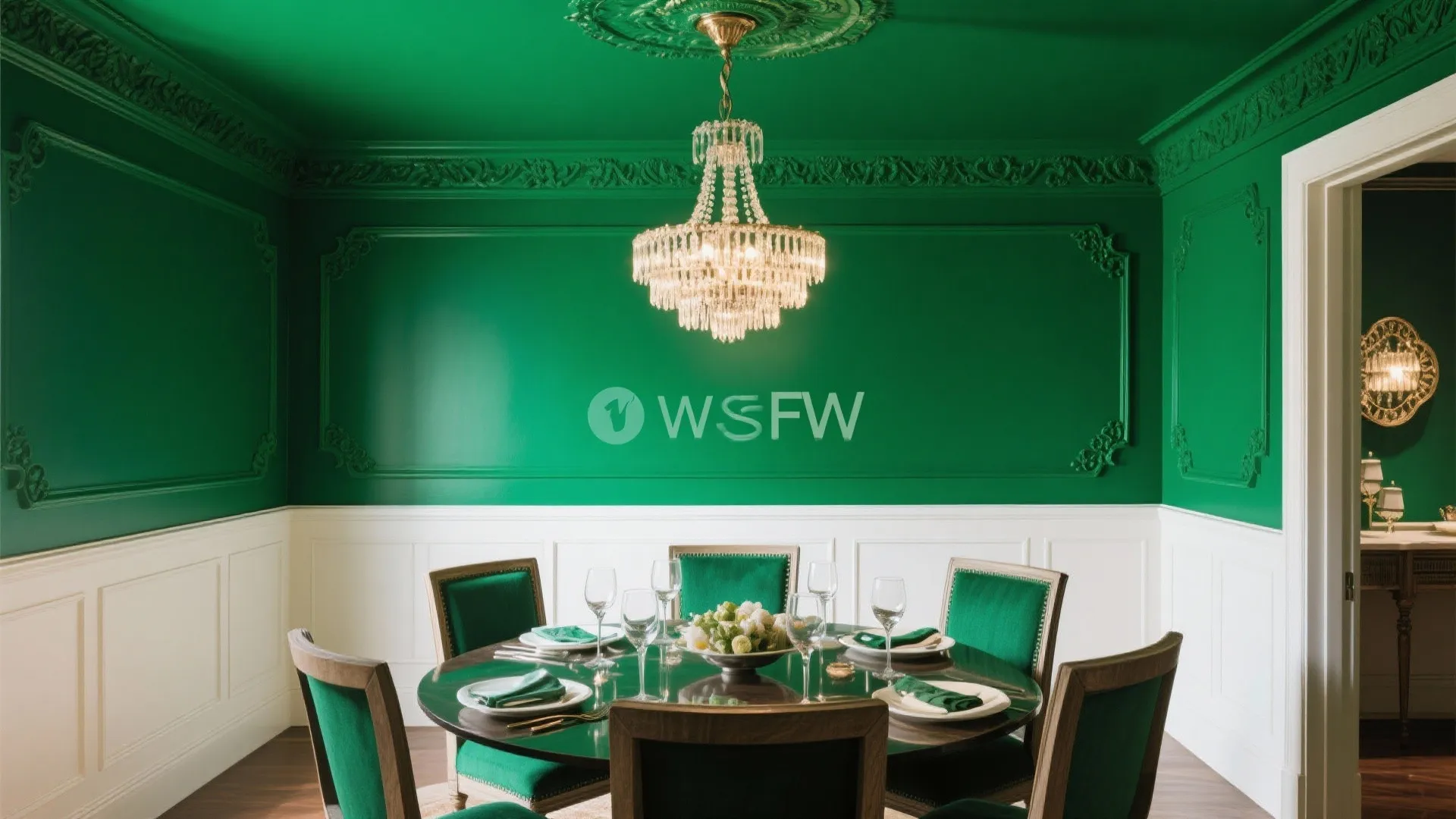 Dining room with emerald green walls and matching ceiling