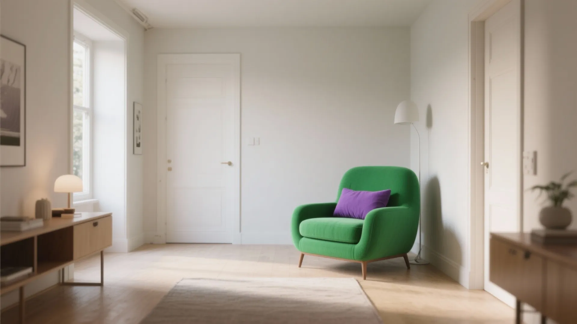 Minimalist white living room featuring a green armchair with a purple pillow and natural light