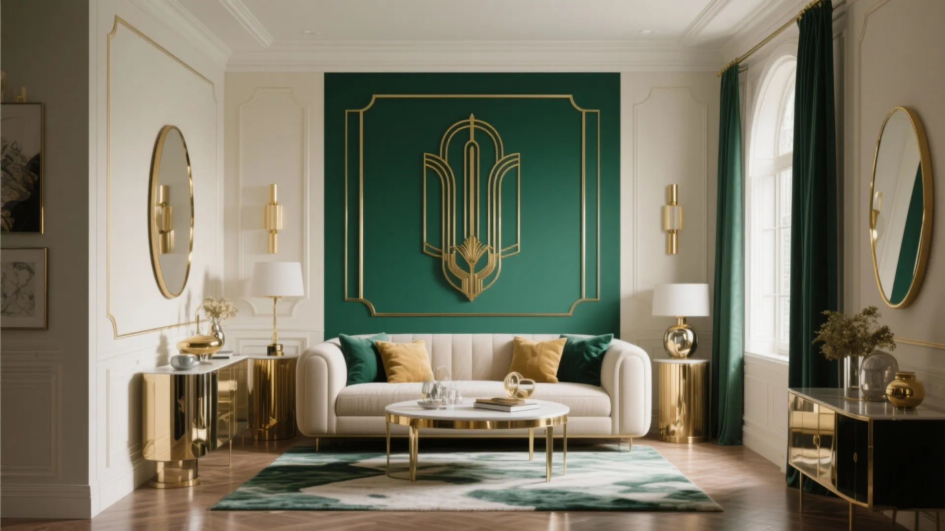 Elegant living room with green wall panel white sofa gold coffee table and wall lights