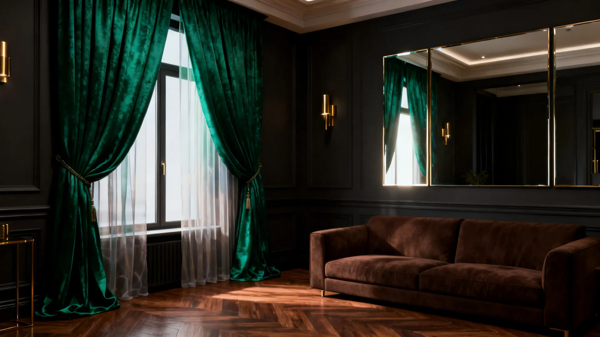 Brown living room with a single window dressed in deep emerald drapes and mirrors to reflect light.